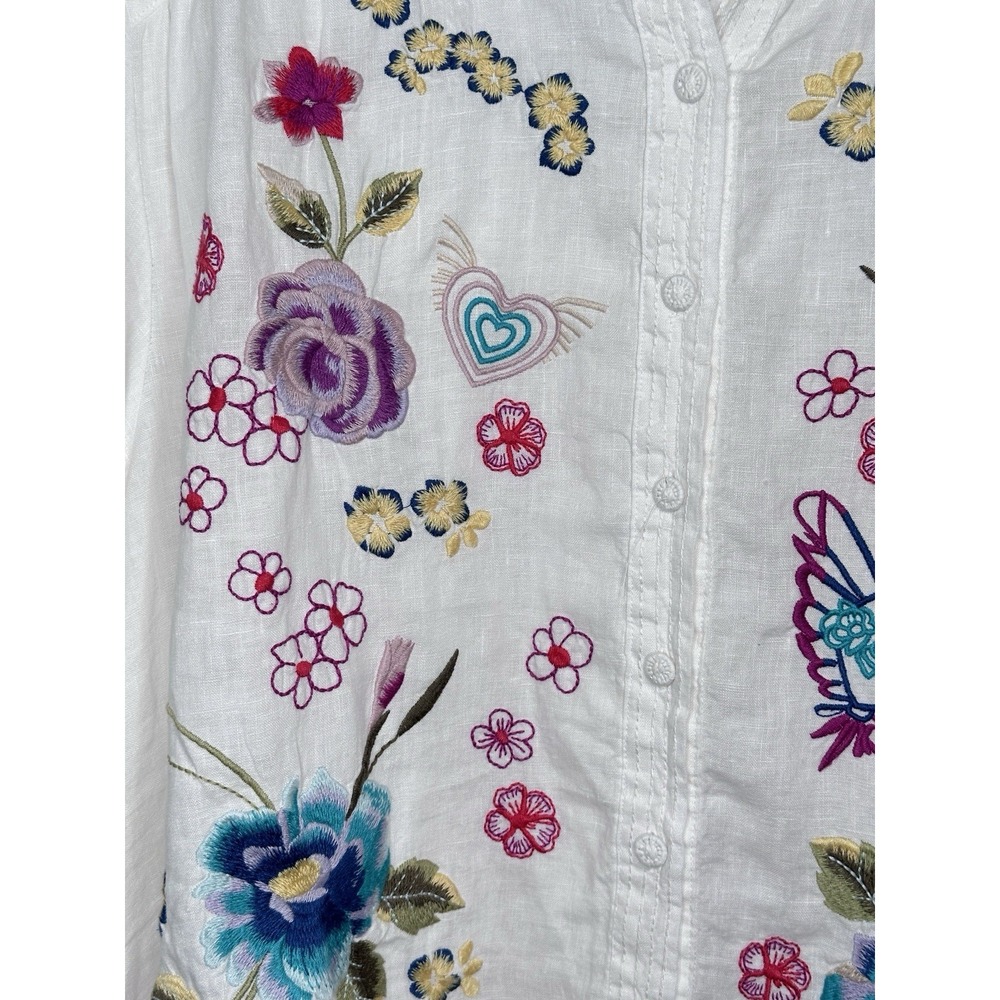 Johnny Was XL Jessi Shirred Yoke Blouse White Linen Embroidered Button Up Top - Picture 10 of 14